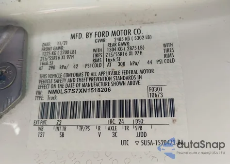 2022 Ford Transit Connect Xl Cargo Van z USA, uszkodzony, nr VIN NM0LS7S7XN1518206